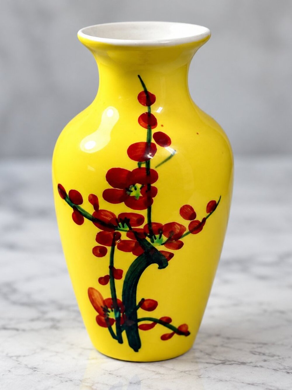 Vase-20--Vintage Japanese Yellow Ceramic Vase Hand Painted Cherry Blossom Mid Ce